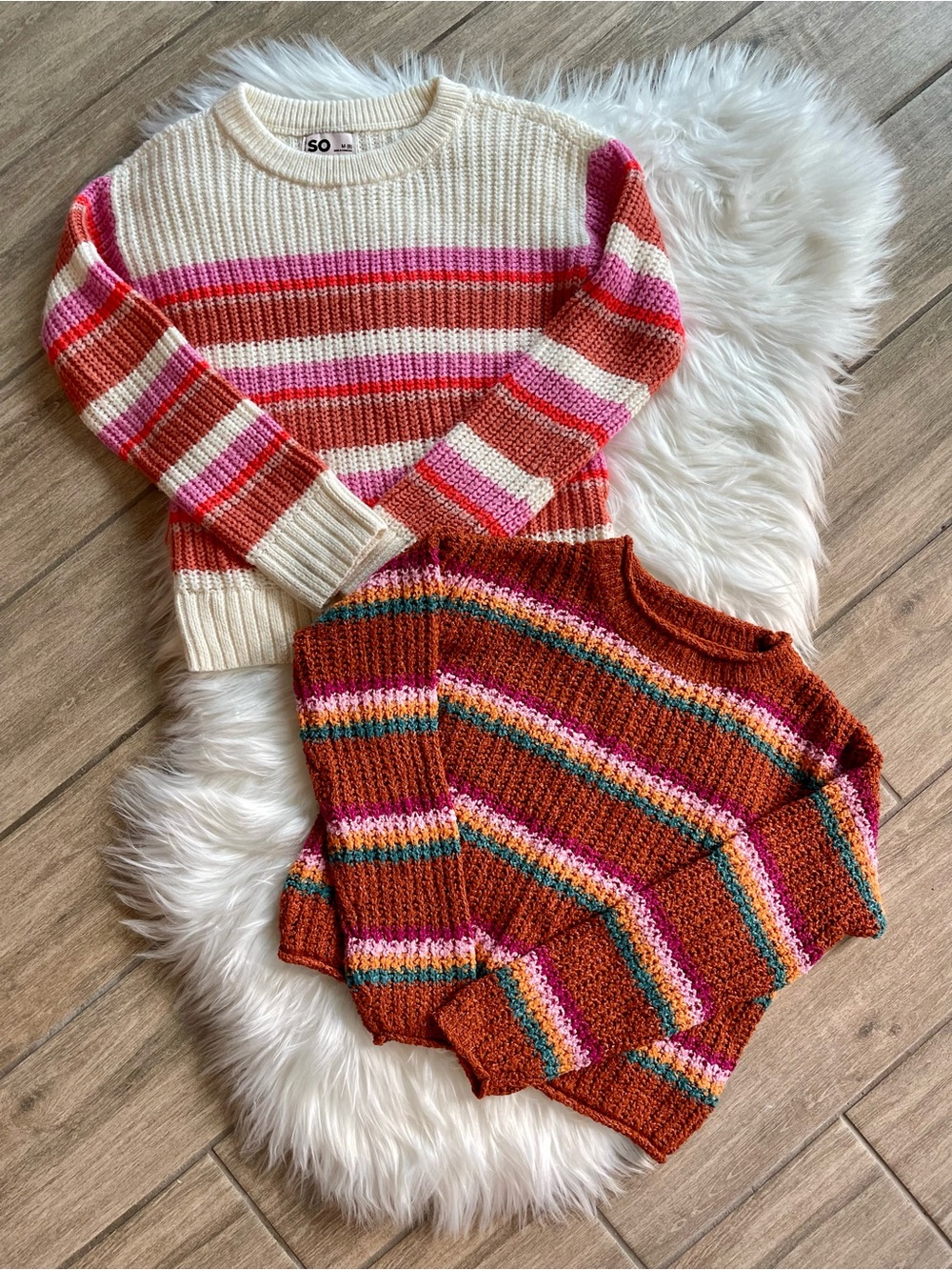 Striped Crewneck Sweaters in Cream & Rust Girls Size Medium